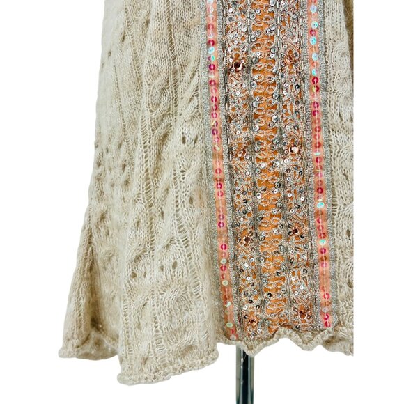 RARE Vintage Free People Beige Embellished Sequin Trim & Keyhole Back Boho Knit - Picture 8 of 15